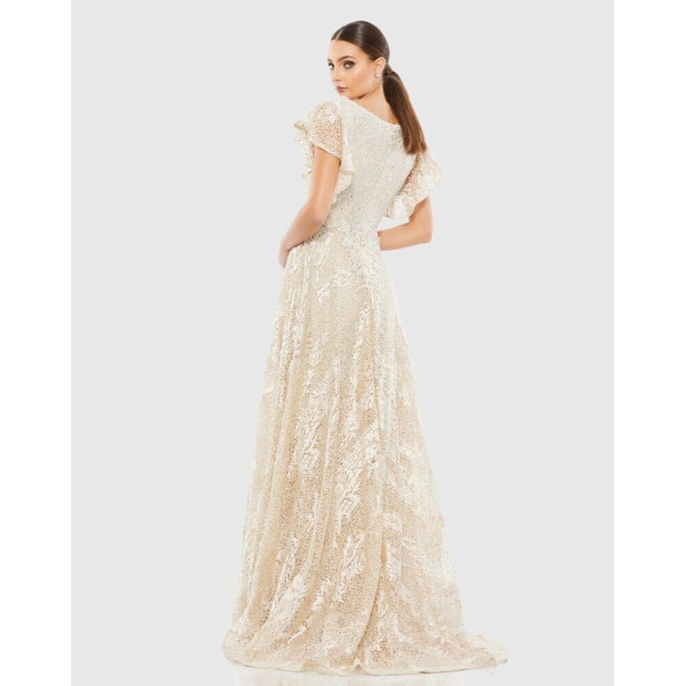 Mac Duggal Size 16 Ivory Nude Embellished Flutter Sleeve Lace A-Line Gown $798 - Picture 4 of 8